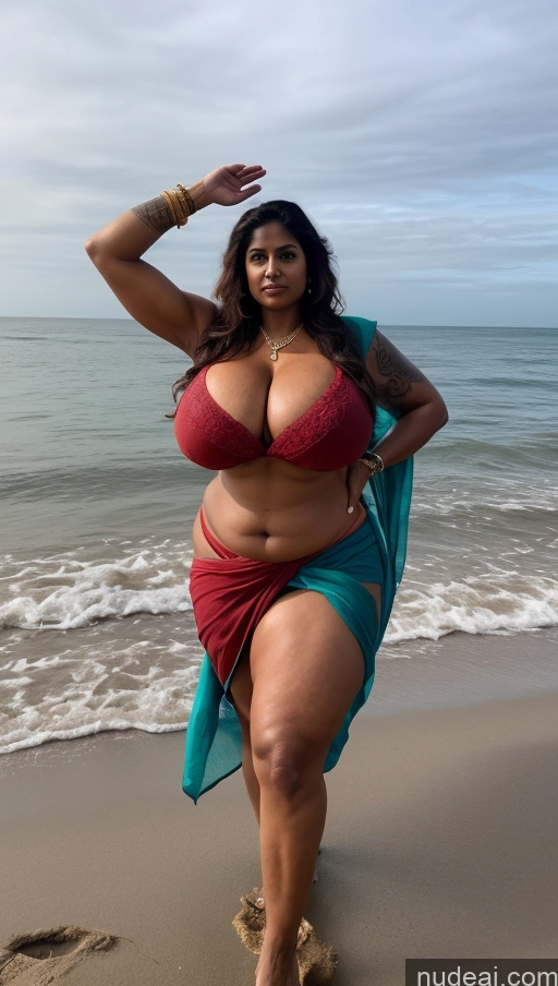 ai nude image of araffe woman in a red bikini and blue sarong walking on the beach pics of Milf Busty Huge Boobs Beautiful Tattoos Muscular Big Ass Abs Thick Fat Big Hips Tall Dark Skin 50s Indian Dark Lighting Sexy Face Long Hair Beach Front View T-pose Ginger Blouse Sari