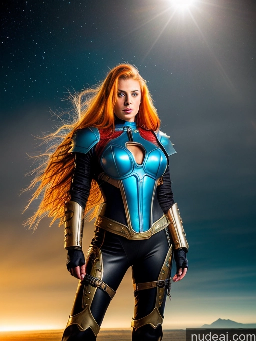 ai nude image of arafed woman in a blue and gold costume standing in the desert pics of Muscular Fantasy Armor Mech Suit Sci-fi Armor Space Suit Steampunk Superhero Cyborg Style Cyborg Android Deep Blue Eyes Super Saiyan 4 Super Saiyan 30s Woman Perfect Boobs