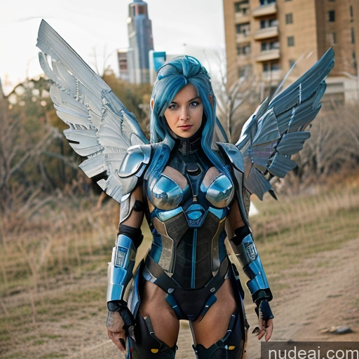 ai nude image of araffe woman in a costume with wings and armor standing in a field pics of Muscular Mech Suit Sci-fi Armor Superhero Deep Blue Eyes Super Saiyan 4 Super Saiyan 30s Woman Perfect Boobs Straight Blue Hair Perfect Body Small Tits Transparent Science Fiction Style Front View Cyberhelmet V3 Partially Nude Has Wings Suspender Belt Angel