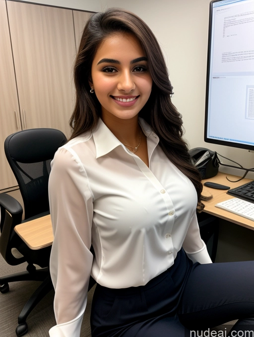 ai nude image of smiling woman sitting in front of a computer in an office pics of Sorority Beautiful Perfect Boobs Perfect Body 18 Happy Arabic Office Blouse Secretary