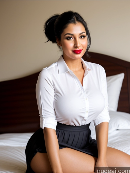 ai nude image of there is a woman sitting on a bed with a white shirt pics of Woman One Perfect Boobs Beautiful Lipstick Big Ass Chubby Long Legs Perfect Body 30s Happy Seductive Pouting Lips Black Hair Ponytail Indian Bedroom Front View Dress Long Skirt Polo Shirt Squatting