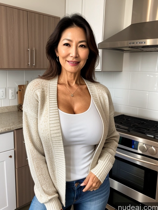 ai nude image of arafed woman in a white shirt and jeans standing in a kitchen pics of Milf Small Tits Beautiful Perfect Body 60s Korean Kitchen Jacket Jeans Shirt Stylish Sweater Cleavage Detailed