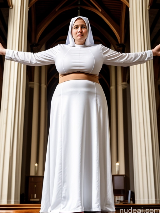 ai nude image of arafed woman in a white dress and a white veil stands in a church pics of Milf Busty Huge Boobs Big Ass Abs Thick Chubby Fat Big Hips Long Legs Tall Skinny 20s Blonde Curly Hair T-pose Church Nun