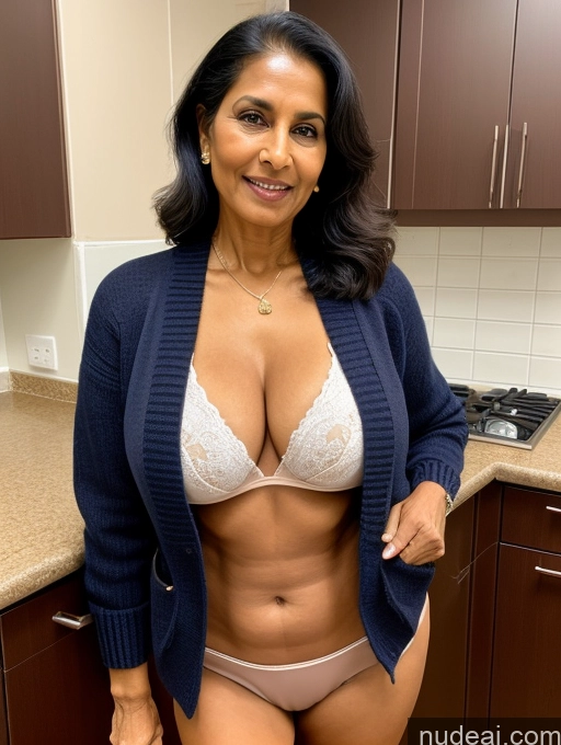 ai nude image of arafed woman in a blue cardigan posing in a kitchen pics of Milf Two Perfect Boobs Perfect Body Dark Skin 70s Indian Kitchen Jacket Jeans Professor Secretary Stylish Sweater Cleavage Partially Nude Detailed