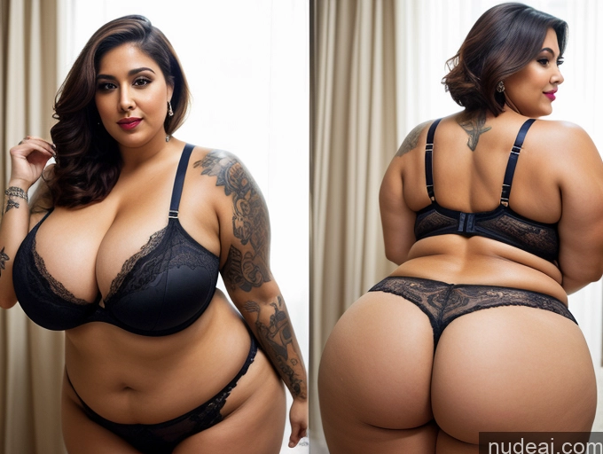 ai nude image of there are two pictures of a woman in lingerie and a man in underwear pics of Woman Busty Huge Boobs Beautiful Tattoos Lipstick Big Ass Thick Chubby Big Hips 40s Short Hair Arabic Back View Lingerie