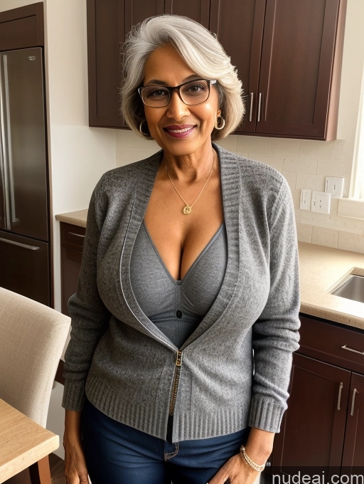 ai nude image of smiling woman in glasses and a gray sweater standing in a kitchen pics of Milf Two Perfect Boobs Perfect Body Dark Skin 70s Indian Kitchen Jacket Jeans Professor Secretary Stylish Sweater Cleavage Partially Nude Detailed