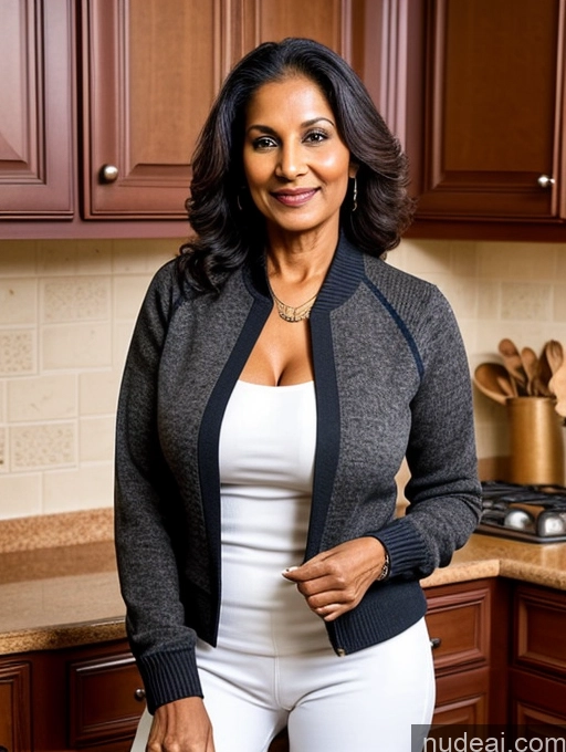 ai nude image of smiling woman in a kitchen with a black jacket and white pants pics of Milf Two Perfect Boobs Perfect Body Dark Skin 70s Indian Kitchen Jacket Jeans Professor Secretary Stylish Sweater Cleavage Partially Nude Detailed