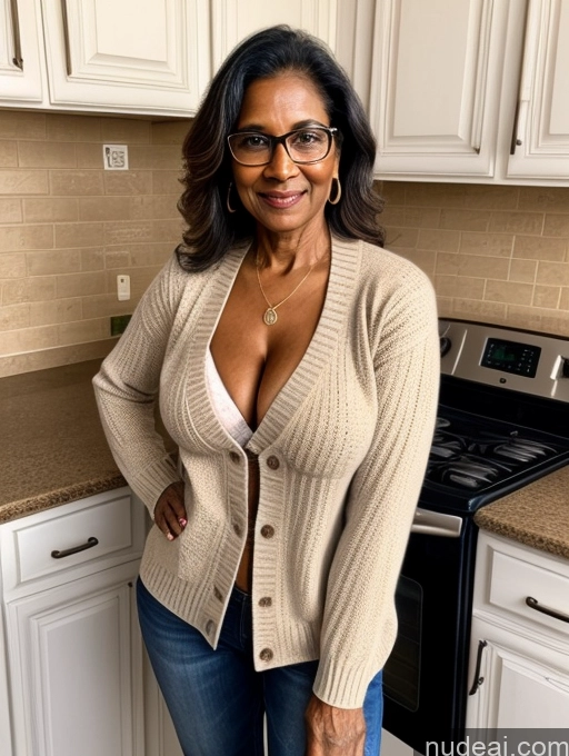 ai nude image of smiling woman in glasses standing in kitchen with stove and cabinets pics of Milf Two Perfect Boobs Perfect Body Dark Skin 70s Indian Kitchen Jacket Jeans Professor Secretary Stylish Sweater Cleavage Partially Nude Detailed