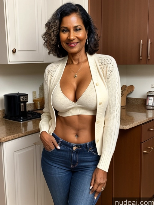 ai nude image of there is a woman standing in a kitchen with a white sweater pics of Milf Two Perfect Boobs Perfect Body Dark Skin 70s Indian Kitchen Jacket Jeans Professor Secretary Stylish Sweater Cleavage Partially Nude Detailed