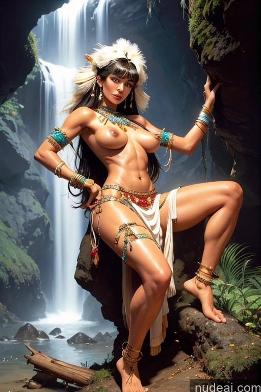 ai nude image of arafed woman in native dress posing in front of a waterfall pics of Abs Perfect Body Tanned Skin Bangs Native American Cave Long Skirt Thong Traditional Tribal Jewelry Detailed GZCfinal Waterfall Forest Art By Boris Vallejo Boris Vallejo Art Style Fr4z3tt4 Huge Tits, Hard Nipples