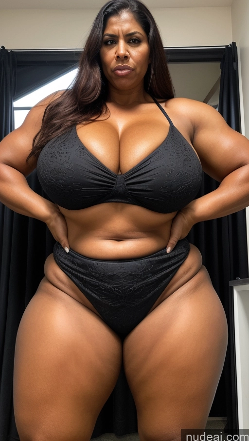 ai nude image of arafed woman in a black bikini posing for a picture pics of Milf Huge Boobs Beautiful Big Ass Big Hips Tall T-pose Bikini Sexy Face Indian Ginger Dark Skin Tattoos Long Hair 40s Kimono Hell Front View Angry Muscular Abs Thick