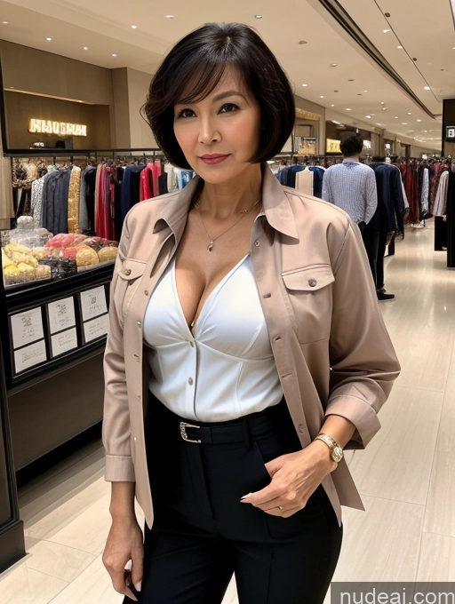 ai nude image of arafed woman in a tan jacket and black pants standing in a store pics of Milf Perfect Boobs Perfect Body Short Hair 70s Chinese Mall Blouse Bra Casual Jacket Professor Secretary Shirt Stylish Suit Cleavage Detailed