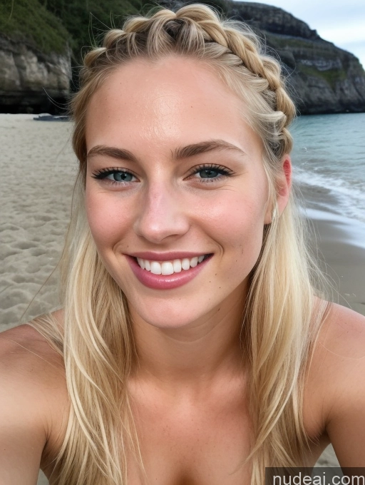 ai nude image of blonde woman with braid hair on the beach smiling at the camera pics of Sorority Small Tits Short Pubic Hair 18 Happy Topless Diamond Jewelry Dark Lighting Braided Lipstick Close-up View Blowjob Beach Bikini Blonde Scandinavian