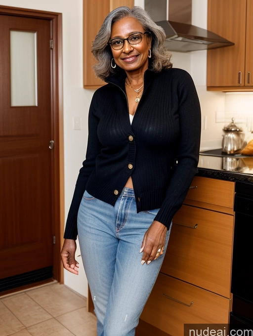 ai nude image of smiling woman in black cardigan standing in kitchen with wooden cabinets pics of Milf Two Perfect Boobs Perfect Body Dark Skin 70s Indian Kitchen Jacket Jeans Professor Secretary Stylish Sweater Cleavage Partially Nude Detailed