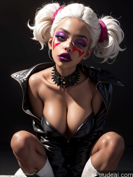 ai nude image of araffe dressed in a black leather outfit and pink makeup pics of Pubic Hair Tanned Skin Pixie African Boots Clown Goth No Panties? White Hair Close-up View 1990-2, Niji