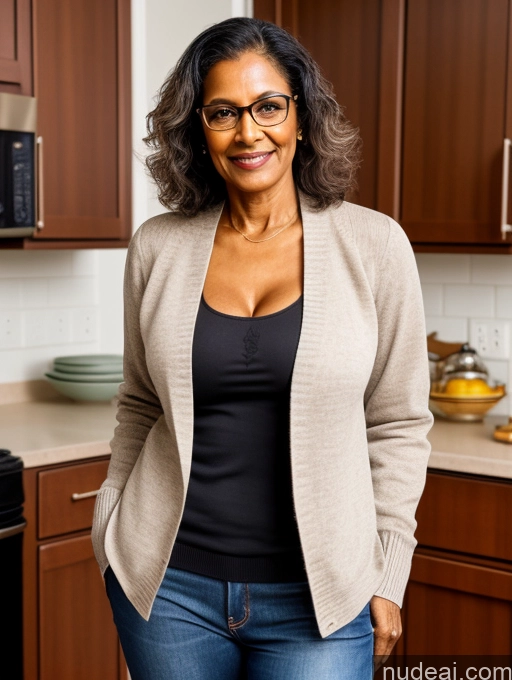 ai nude image of smiling woman in glasses standing in kitchen with wooden cabinets pics of Milf Two Perfect Boobs Perfect Body Dark Skin 70s Indian Kitchen Jacket Jeans Professor Secretary Stylish Sweater Cleavage Partially Nude Detailed