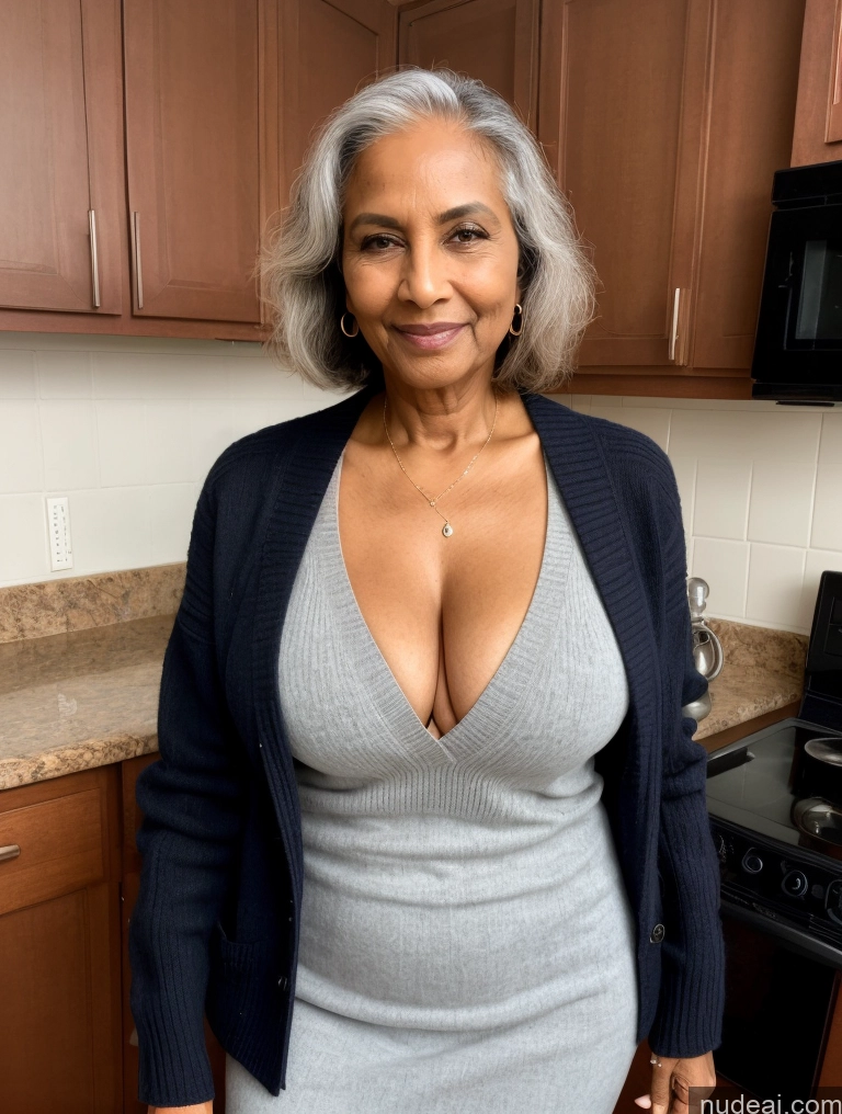 ai nude image of there is a woman in a gray dress and a black cardigan pics of Milf Two Perfect Boobs Perfect Body Dark Skin 70s Indian Kitchen Jacket Jeans Professor Secretary Stylish Sweater Cleavage Partially Nude Detailed