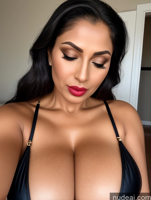 ai nude image of araffed woman in a black bikini with a red lip pics of One Huge Boobs Ahegao 3d Bright Lighting Detailed Milf Lipstick Thick Big Hips Big Ass Perfect Boobs Oiled Body 40s Orgasm Pouting Lips Ponytail Indian Bikini Halloween Microkini Niqab