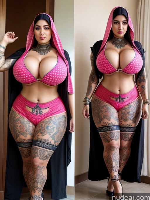 ai nude image of arafed woman with tattoos and a pink bikini posing for a picture pics of Woman Busty Huge Boobs Tattoos Lipstick Big Ass Thick Arabic Cosplay