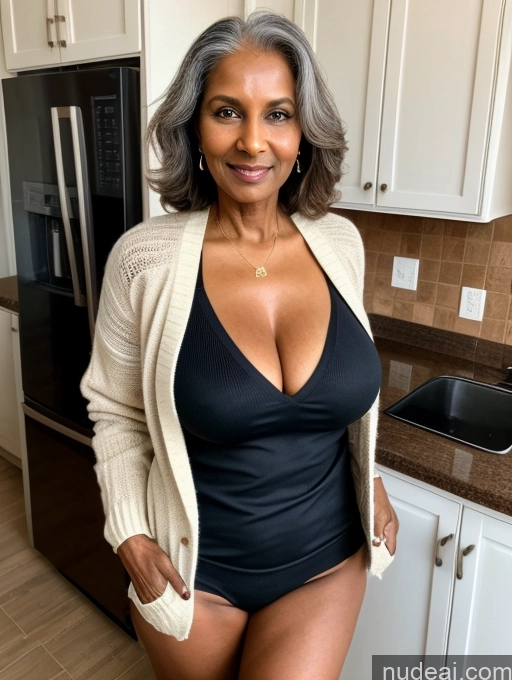 ai nude image of arafed woman in a black swimsuit and a white cardigan pics of Milf Two Perfect Boobs Perfect Body Dark Skin 70s Indian Kitchen Jacket Jeans Professor Secretary Stylish Sweater Cleavage Partially Nude Detailed