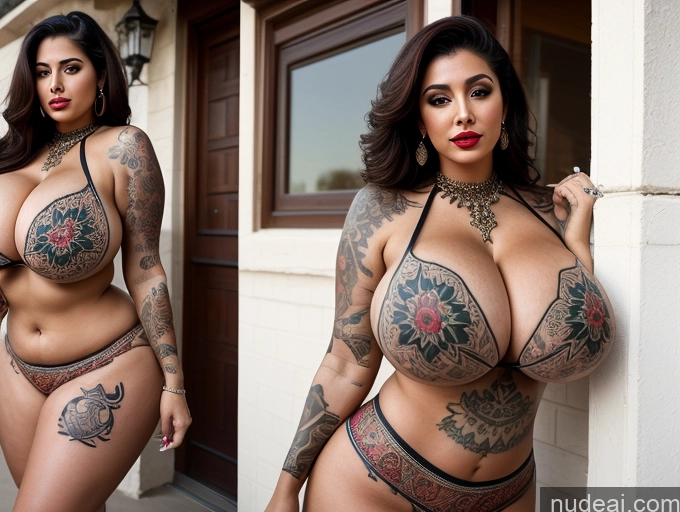 ai nude image of arafed woman with tattoos and a bra top posing for a picture pics of Woman Busty Huge Boobs Tattoos Lipstick Big Ass Thick Arabic 60s