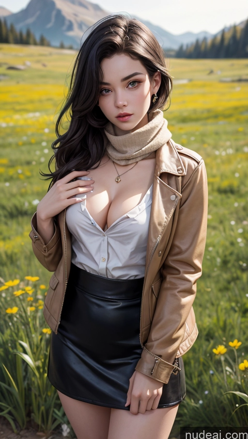 ai nude image of arafed woman in a leather skirt and jacket posing in a field pics of Perfect Body Film Photo Cleavage Detailed Sad Sorority Beautiful Seductive German 18 Black Hair Scarf Mini Skirt Jacket Leather Fairer Skin Pixie Blouse Boots Meadow Busty