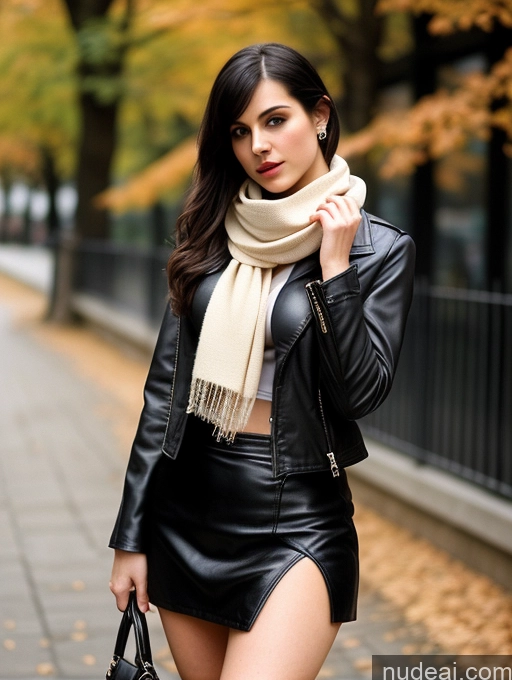 ai nude image of araffe woman in a black leather skirt and a white scarf pics of Sorority Beautiful Perfect Body Fairer Skin 18 Sad Seductive Black Hair Pixie German Film Photo Blouse Boots Jacket Leather Mini Skirt Scarf Cleavage Detailed Perfect Boobs