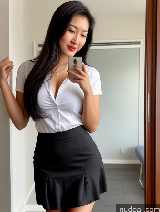 ai nude image of there is a woman that is taking a selfie in a mirror pics of Beautiful Woman One Perfect Boobs Thick Short Perfect Body Pubic Hair Fairer Skin Sexy Face Seductive Black Hair Slicked Indonesian Close-up View 18 Lipstick Teacher Working Out Cleavage High Heels Micro Skirt Shirt