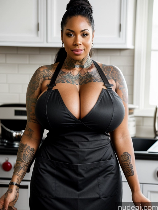 ai nude image of there is a woman with tattoos posing in a kitchen pics of Woman Busty Huge Boobs Tattoos Big Ass Thick Black Apron