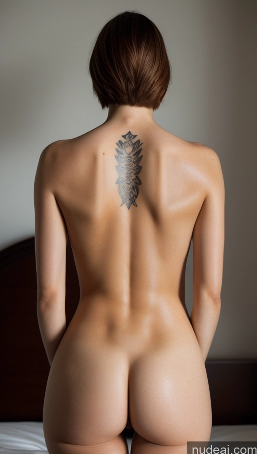 ai nude image of arafed woman with a tattoo on her back sitting on a bed pics of Model One Huge Boobs Beautiful Skinny Big Ass Tattoos Big Hips Tall Perfect Body Oiled Body Seductive Skin Detail (beta) Bedroom Nude Detailed Dark Lighting German Fairer Skin Ginger Bobcut 20s Back View