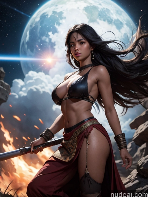 ai nude image of arafed woman in a bikini holding a sword in front of a full moon pics of Tanned Skin Dark Skin Serious Seductive Bangs Native American Front View Long Skirt Traditional Tribal Jewelry Fr4z3tt4 Stargazing Battlefield Huge Tits, Hard Nipples Beautiful Skinny Abs 18