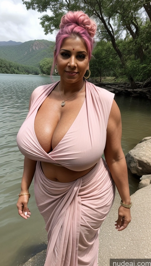 ai nude image of a woman with pink hair and a pink dress standing by a body of water pics of Milf Busty Huge Boobs Tattoos Muscular Big Ass Thick Big Hips Tall Dark Skin 50s Pink Hair Indian Detailed Sexy Face Blouse Hair Bun Fat Seductive Sari T-pose Lake Front View