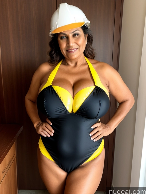 ai nude image of there is a woman in a bikini and a hard hat posing for a picture pics of Milf One Busty Huge Boobs Thick Tanned Skin 70s Indian Maid Microkini Thong Construction Worker Vampire