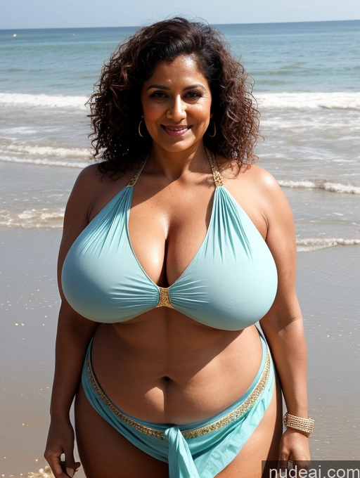 ai nude image of araffe woman in a blue bikini standing on the beach pics of Milf Busty Huge Boobs Beautiful Tattoos Muscular Big Ass Abs Thick Chubby Fat Big Hips Tall Curly Hair Dark Skin 60s Brunette Indian Working Out Blouse Sexy Face Front View Sari Beach