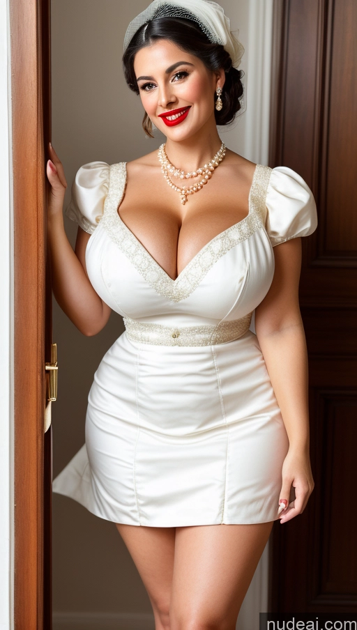 ai nude image of araffe woman in a white dress and a hat posing for a picture pics of Huge Boobs Perfect Boobs Busty Beautiful Big Ass Lipstick Thick Big Hips Perfect Body 60s Dress Traditional Wedding Pearl Jewelry Victorian Happy