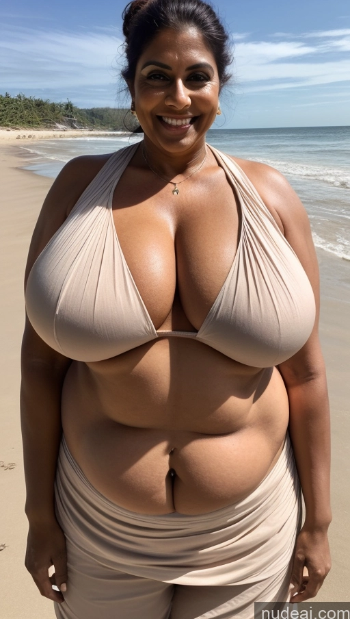 ai nude image of araffe woman in a bikini posing on the beach pics of Milf Busty Huge Boobs Beautiful Tattoos Muscular Big Ass Abs Thick Fat Big Hips Tall Dark Skin 50s Laughing Hair Bun Indian Beach Front View T-pose Blouse Sari Detailed Sexy Face Ginger