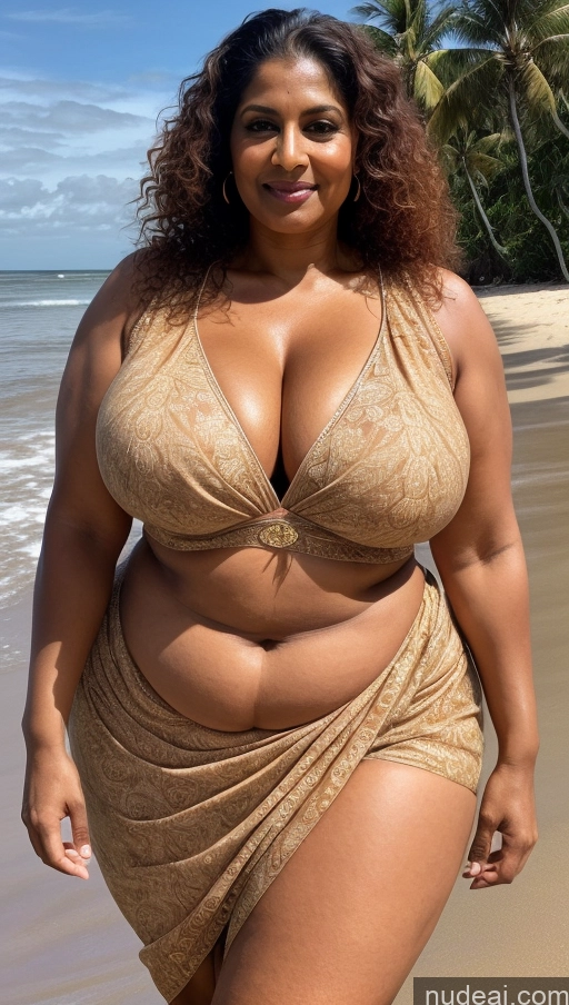 ai nude image of arafed woman in a tan bikini standing on a beach pics of Milf Busty Huge Boobs Beautiful Muscular Big Ass Abs Thick Fat Big Hips Tall Curly Hair Dark Skin 60s Seductive Ginger Indian Beach Front View T-pose Blouse Sari Detailed Sexy Face Tattoos