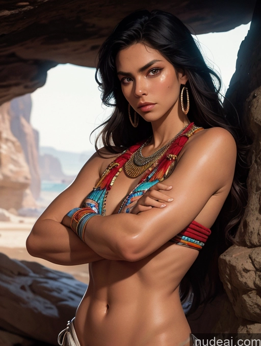 ai nude image of arafed woman in a bikini posing in front of a rock pics of Tanned Skin Bangs Native American Cave Art By Boris Vallejo Boris Vallejo Art Style Detailed Traditional Seductive Serious Sexy Face