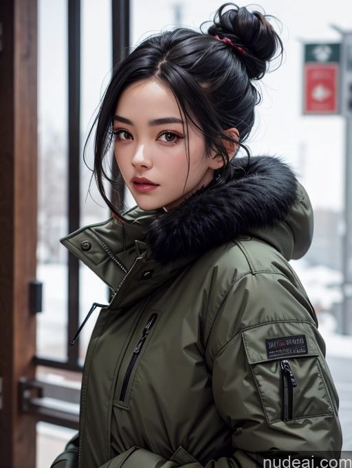 ai nude image of arafed woman in a green jacket standing in front of a window pics of Asian Woman Hair Bun Black Hair Parka