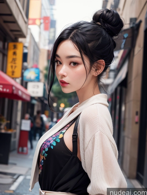 ai nude image of araffe asian woman with a black top and a white jacket pics of Woman Black Hair Hair Bun Asian Stylish