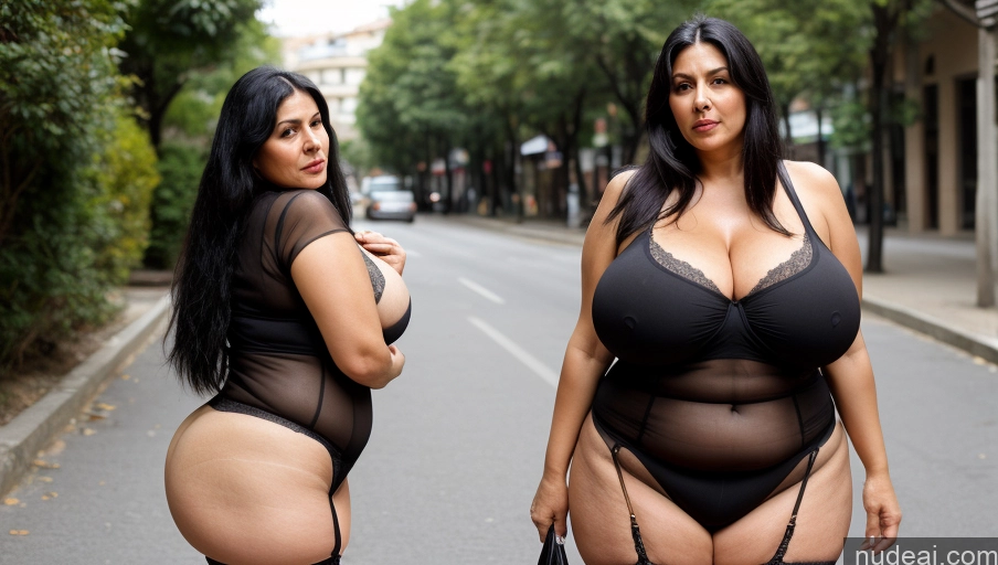 ai nude image of two women in lingersuits standing on a street with trees in the background pics of Milf One Busty Huge Boobs Big Ass Skinny Abs Thick Chubby Fat Big Hips Long Legs Long Hair 70s Shocked Black Hair Turkish Street Front View Stockings Transparent Detailed Sexy Face