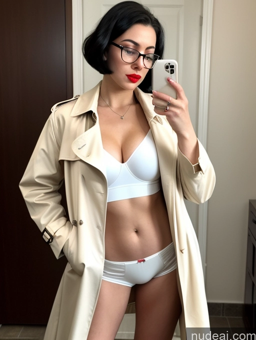 related ai porn images free for Woman One Glasses Fairer Skin Lipstick Big Hips Short 20s Pouting Lips Black Hair White Short Hair Mirror Selfie Bathroom Front View T-pose Trench Coat 60s Underwear Wine Dark Lighting Cleavage