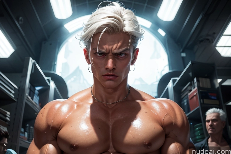 ai nude image of there is a man with a very large chest and no shirt pics of Bodybuilder Muscular Big Ass Abs Oiled Body Chubby 30s Angry White Hair Bobcut Latina Surrealist Locker Room Front View Bikini Bright Lighting Detailed