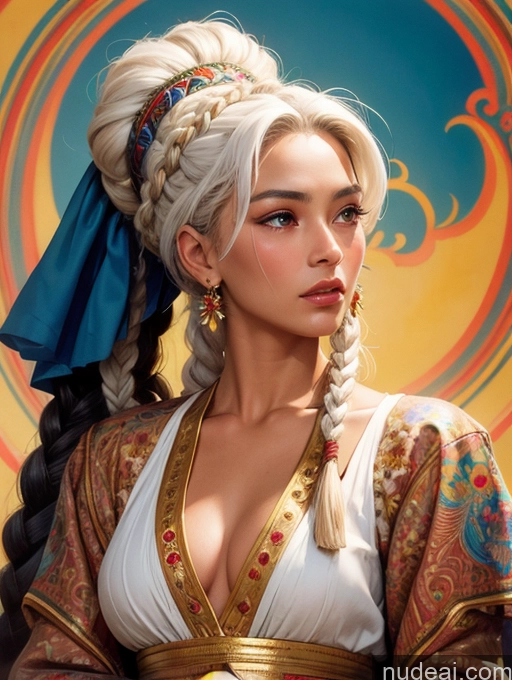 ai nude image of araffe woman with braids and a blue bow in a white dress pics of Traditional Art By Boris Vallejo Boris Vallejo Art Style White Hair Dynamic View Vietnamese Tanned Skin Braided