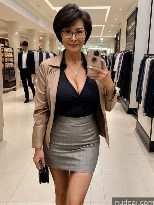 ai nude image of woman in a skirt and jacket taking a selfie in a store pics of Milf Perfect Boobs Glasses Perfect Body Short Hair 70s Chinese Mall Blouse Bra Casual Jacket Professor Secretary Shirt Stylish Suit Cleavage Detailed