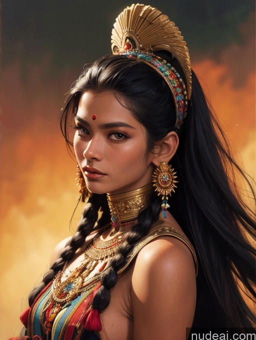 ai nude image of a close up of a woman with long hair wearing a headdress pics of Tanned Skin Front View Traditional Art By Boris Vallejo Boris Vallejo Art Style Indonesian Long Hair