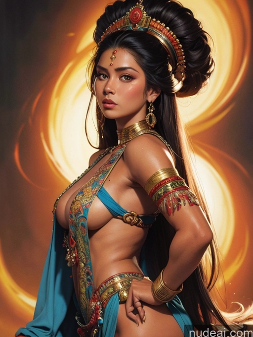 ai nude image of arafed woman in a blue dress and headpiece posing for a picture pics of Tanned Skin Front View Traditional Art By Boris Vallejo Boris Vallejo Art Style Indonesian Long Hair