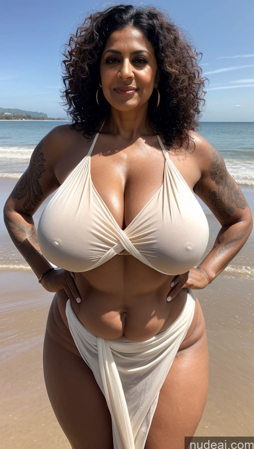 ai nude image of araffe woman in a white bikini posing on the beach pics of Milf Huge Boobs Beautiful Tattoos Muscular Big Ass Thick Big Hips Tall Curly Hair Dark Skin 60s Seductive Detailed Sexy Face T-pose Indian Busty Blouse Beach Black Hair Sari Front View