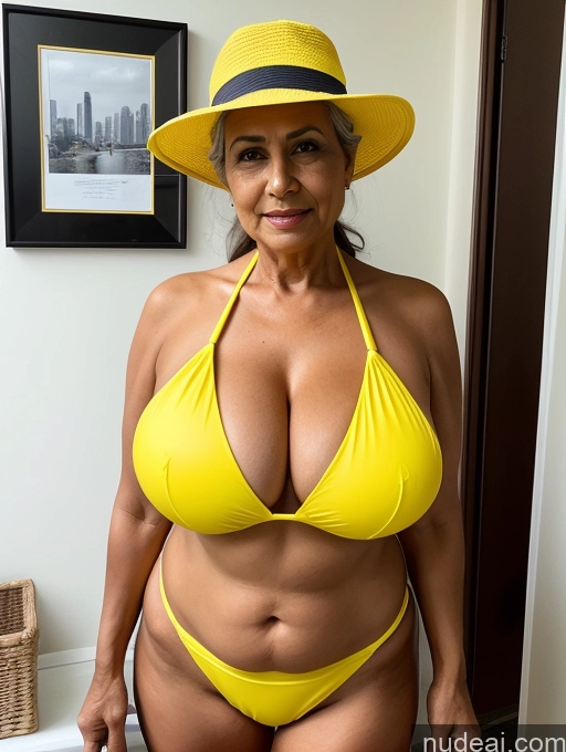 ai nude image of there is a woman in a yellow bikini and a hat pics of Milf One Busty Huge Boobs Thick Tanned Skin 70s Front View Microkini Thong Construction Worker Maid Indian