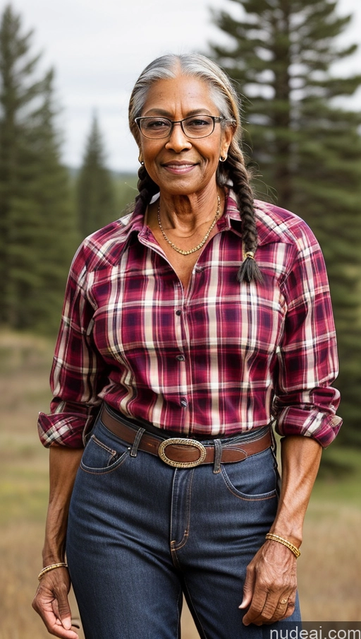 ai nude image of smiling woman in plaid shirt and jeans standing in field with pine trees pics of Muscular Abs Tall 80s Braided Dark Skin Western Milf Lumberjack Shirt Jeans Tanned Skin Glasses